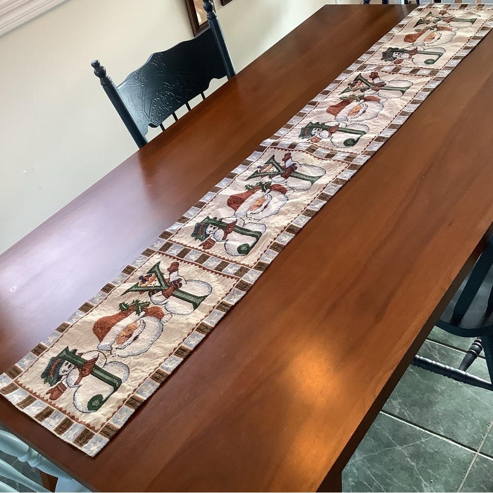 Vintage 90s Christmas Tapestry Table Runner – Santa & Snowmen Form Word "JOY" - Picture 2 of 10